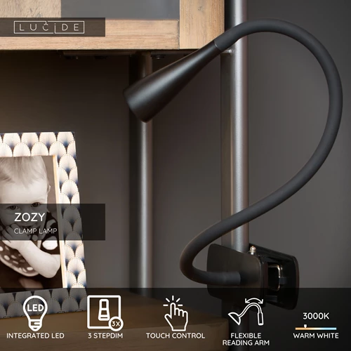 Lucide ZOZY - Clamp lamp- LED 3 StepDim - 1x4W 3000K - Black - USP